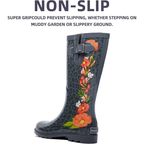 Women's Red Flowers Yellow Waterproof Tall Knee High Rubber landchief Rain Boot - Picture 3 of 6